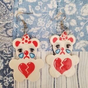 Cute Bear Earrings with Red Heart